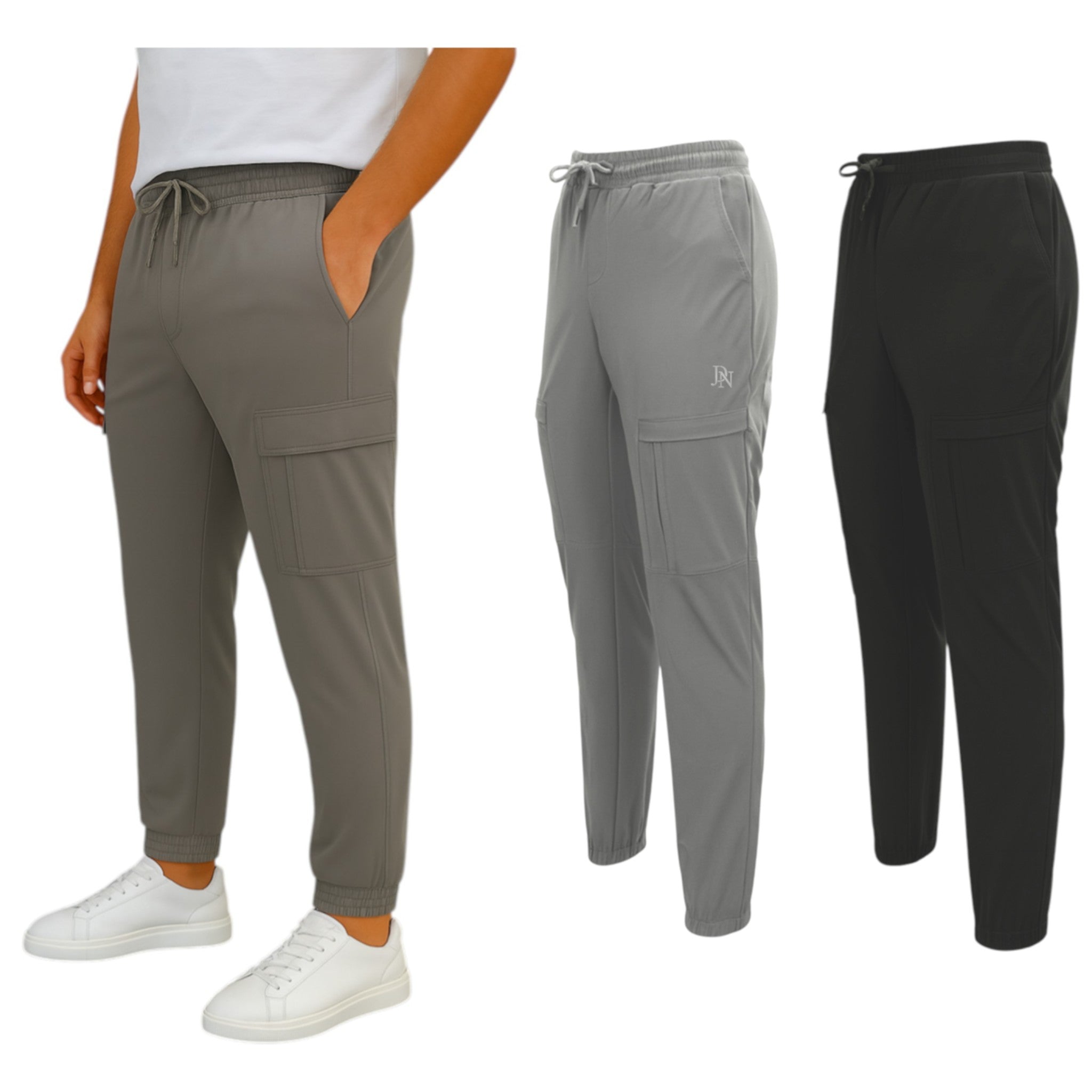 Men's slim fit grey and black cargo trousers with side zip pocket, cuffed ankles, and elastic waistband
